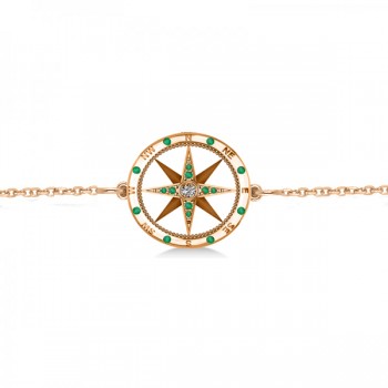 Emerald & Diamond Nautical Compass Bracelet 14k Rose Gold (0.19ct)
