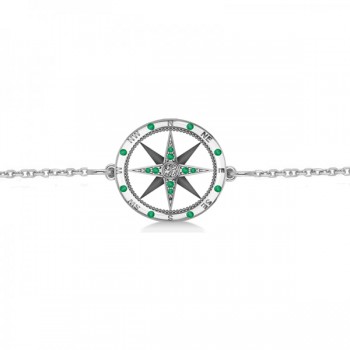 Emerald & Diamond Nautical Compass Bracelet 14k White Gold (0.19ct)