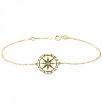 Emerald & Diamond Nautical Compass Bracelet 14k Yellow Gold (0.19ct)