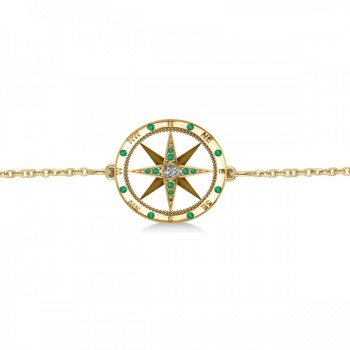 Emerald & Diamond Nautical Compass Bracelet 14k Yellow Gold (0.19ct)