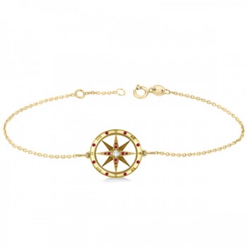 Ruby & Diamond Nautical Compass Bracelet 14k Yellow Gold (0.19ct)