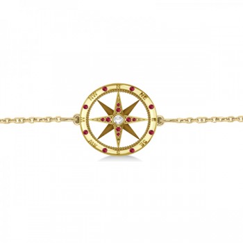 Ruby & Diamond Nautical Compass Bracelet 14k Yellow Gold (0.19ct)