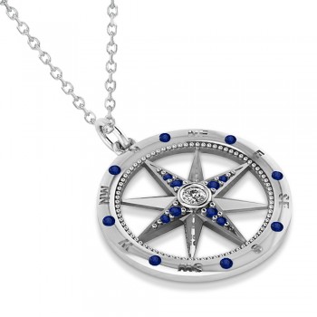 Compass Pendant Blue Sapphire & Diamond Accented 14k White Gold (0.19ct)
