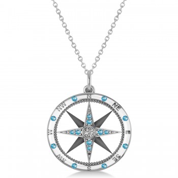 Compass Pendant Blue Topaz & Diamond Accented 14k White Gold (0.19ct)