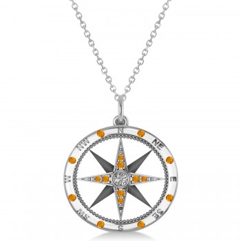 Compass Pendant Citrine & Diamond Accented 14k White Gold (0.19ct)