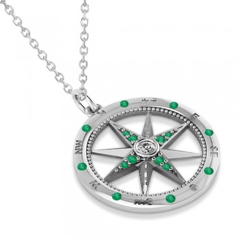 Compass Pendant Emerald & Diamond Accented 14k White Gold (0.19ct)
