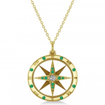 Compass Pendant Emerald & Diamond Accented 14k Yellow Gold (0.19ct)