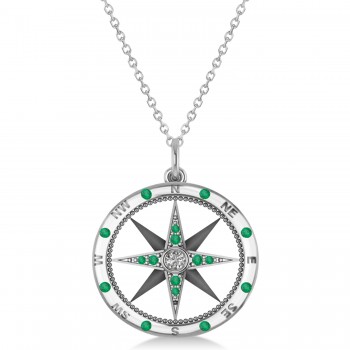 Compass Pendant Emerald & Diamond Accented 18k White Gold (0.19ct)