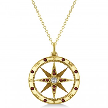 Compass Pendant Garnet & Diamond Accented 14k Yellow Gold (0.19ct)