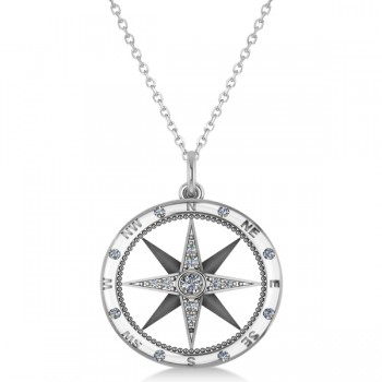 Compass Necklace Pendant Lab Grown Diamond Accented 14k White Gold (0.19ct)