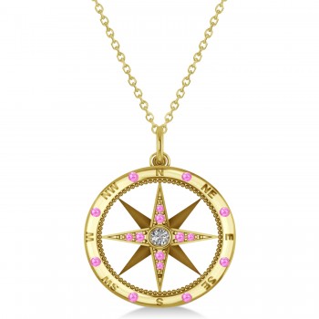 Compass Pendant Pink Sapphire & Diamond Accented 14k Yellow Gold (0.19ct)