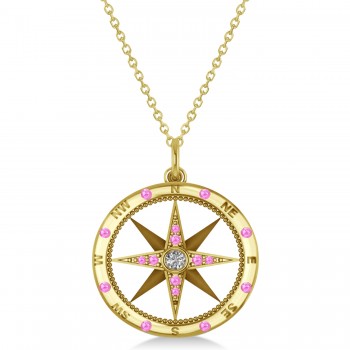 Compass Pendant Pink Sapphire & Diamond Accented 18k Yellow Gold (0.19ct)