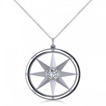 Diamond Nautical Compass Pendant Necklace 14k White Gold (0.66ct)