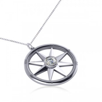 Diamond Nautical Compass Pendant Necklace 14k White Gold (0.66ct)