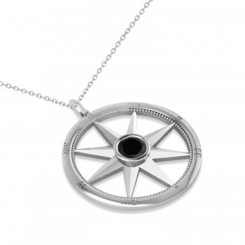 Black Diamond Compass Pendant Fashion Necklace 14k White Gold (0.66ct)