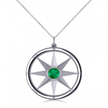 Emerald Gemstone Compass Pendant Necklace 14k White Gold (0.66ct)