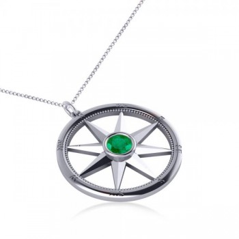 Emerald Gemstone Compass Pendant Necklace 14k White Gold (0.66ct)