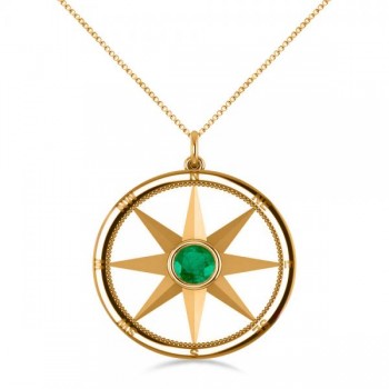 Emerald Gemstone Compass Pendant Necklace 14k Yellow Gold (0.66ct)