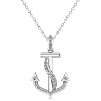 Diamond Ribbon Anchor Pendant Necklace 14K White Gold (0.35ct)