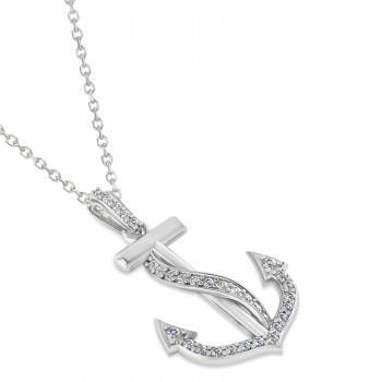 Diamond Ribbon Anchor Pendant Necklace 14K White Gold (0.35ct)