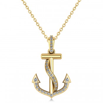 Diamond Ribbon Anchor Pendant Necklace 14K Yellow Gold (0.35ct)