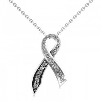 Awarness Ribbon Diamond Pendant Necklace 14k White Gold (0.28ct)