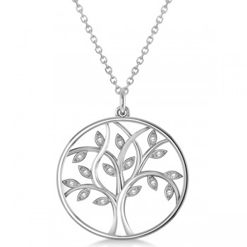 Large Diamond Tree of Life Pendant Necklace 14k White Gold (0.15ct)