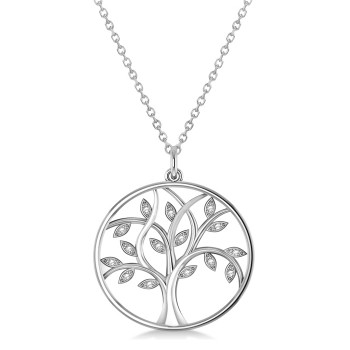 Medium Diamond Tree of Life Pendant Necklace 14k White Gold (0.08ct)