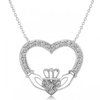 Women's Diamond Irish Claddagh Necklace 14k White Gold (0.25ct)