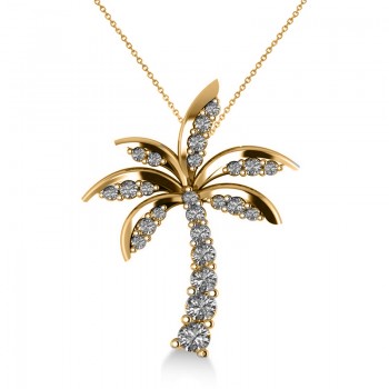 Diamond Tropical Palm Tree Pendant Necklace 14k Yellow Gold (0.50ct)