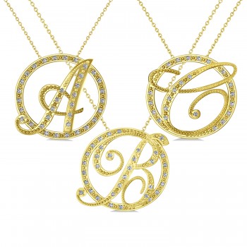 Diamond Circle Script Initials Pendant Necklace 14k Yellow Gold