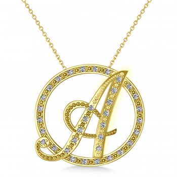 Diamond Circle Script Initials Pendant Necklace 14k Yellow Gold