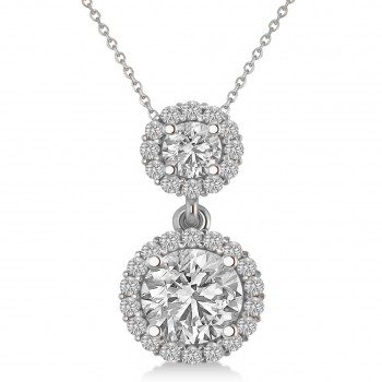 Two Stone Halo Diamond Pendant Necklace 14k White Gold (1.50ct)