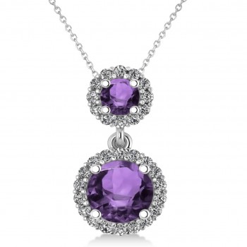 Two Stone Amethyst & Halo Diamond Necklace 14k White Gold (1.50ct)