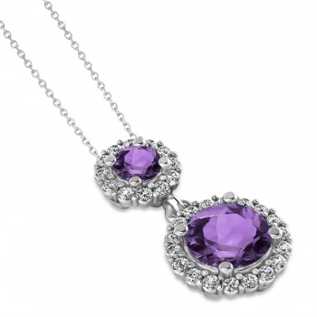 Two Stone Amethyst & Halo Diamond Necklace 14k White Gold (1.50ct)