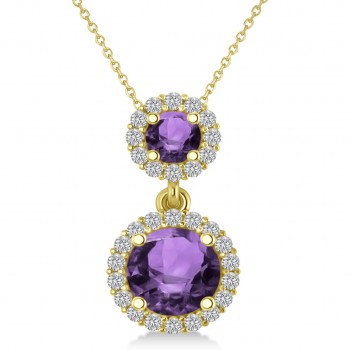 Two Stone Amethyst & Halo Diamond Necklace 14k Yellow Gold (1.50ct)