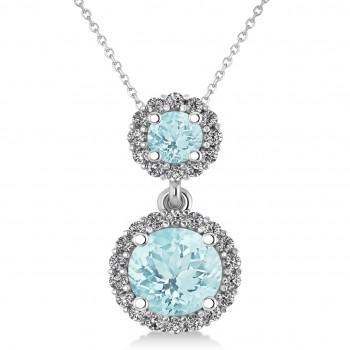 Two Stone Aquamarine & Halo Diamond Necklace 14k White Gold (1.50ct)