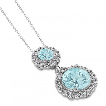 Two Stone Aquamarine & Halo Diamond Necklace 14k White Gold (1.50ct)