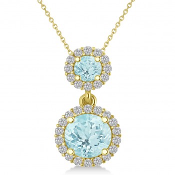 Two Stone Aquamarine & Halo Diamond Necklace 14k Yellow Gold (1.50ct)