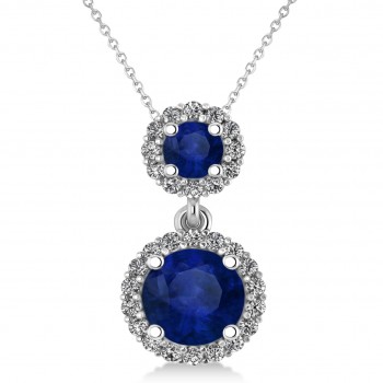 Two Stone Blue Sapphire & Halo Diamond Necklace 14k White Gold (1.50ct)