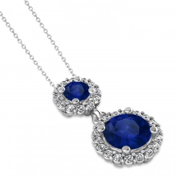 Two Stone Blue Sapphire & Halo Diamond Necklace 14k White Gold (1.50ct)