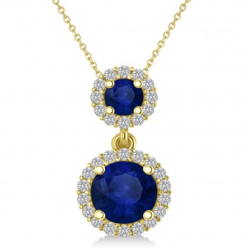 Two Stone Blue Sapphire & Halo Diamond Necklace 14k Yellow Gold (1.50ct)