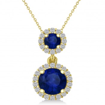 Two Stone Blue Sapphire & Halo Diamond Necklace 14k Yellow Gold (1.50ct)