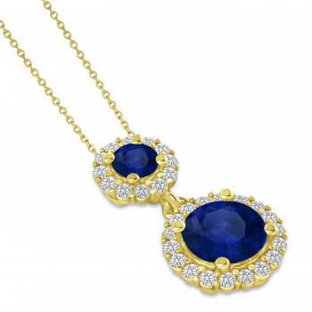 Two Stone Blue Sapphire & Halo Diamond Necklace 14k Yellow Gold (1.50ct)