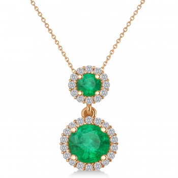 Two Stone Emerald & Halo Diamond Necklace 14k Rose Gold (1.50ct)