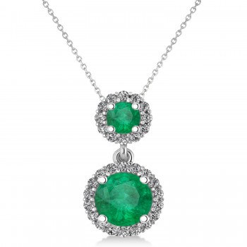 Two Stone Emerald & Halo Diamond Necklace 14k White Gold (1.50ct)