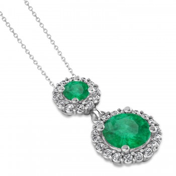 Two Stone Emerald & Halo Diamond Necklace 14k White Gold (1.50ct)