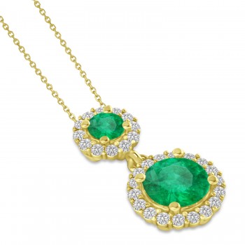 Two Stone Emerald & Halo Diamond Necklace 14k Yellow Gold (1.50ct)