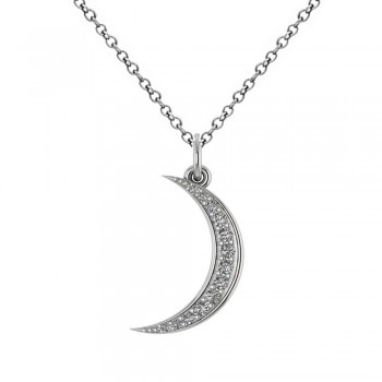 Crescent Moon Shaped Diamond Pendant Necklace 14k White Gold (0.13ct)