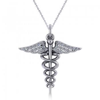 Diamond Caduceus Medical Symbol Pendant 14k White Gold (0.13ct)